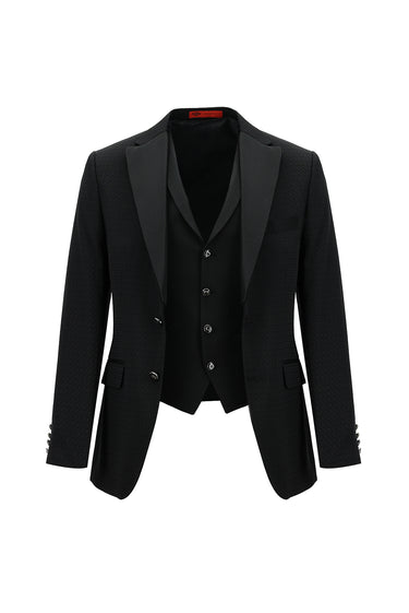 Siyah Slim Fit Dar Kesim Mono Yaka Yelekli Smokin & Damatlık