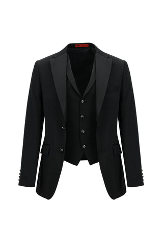 Siyah 7 Drop Slim Fit Dar Kesim Mono Yaka Yelekli Smokin & Damatlık