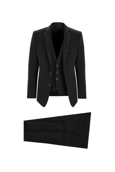 Siyah Slim Fit Dar Kesim Mono Yaka Yelekli Smokin & Damatlık