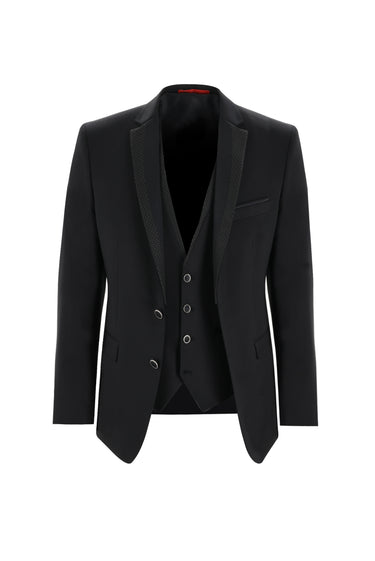 Siyah Slim Fit Dar Kesim Mono Yaka Yelekli Smokin & Damatlık