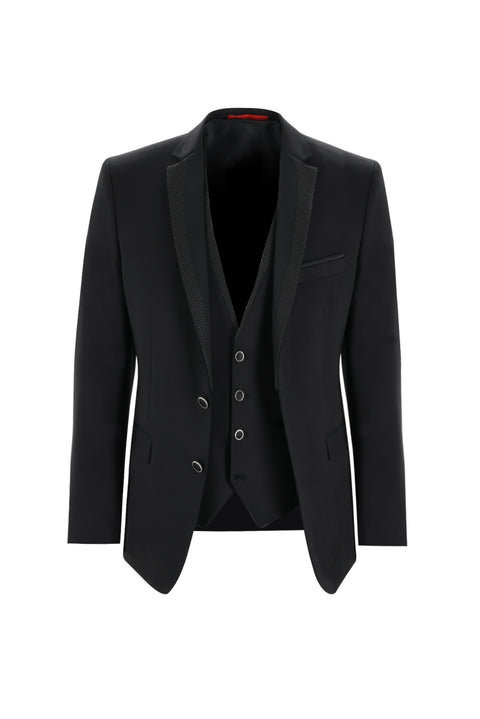 Siyah 7 Drop Slim Fit Dar Kesim Mono Yaka Yelekli Smokin & Damatlık