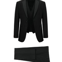 Siyah Slim Fit Dar Kesim Mono Yaka Yelekli Smokin & Damatlık