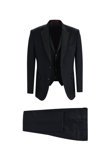 Siyah Slim Fit Dar Kesim Mono Yaka Yelekli Smokin & Damatlık