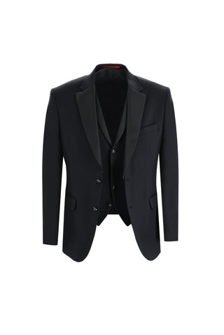 Siyah 7 Drop Slim Fit Dar Kesim Mono Yaka Yelekli Smokin & Damatlık