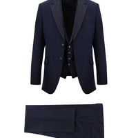 Koyu Lacivert Slim Fit Dar Kesim Mono Yaka Yelekli Smokin & Damatlık