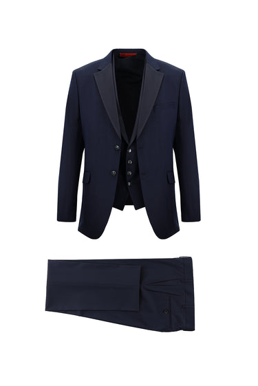 Koyu Lacivert Slim Fit Dar Kesim Mono Yaka Yelekli Smokin & Damatlık