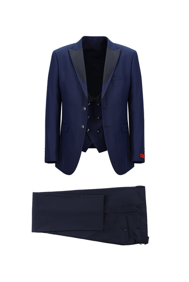 Koyu Lacivert Slim Fit Dar Kesim Sivri Yaka Yelekli Smokin & Damatlık