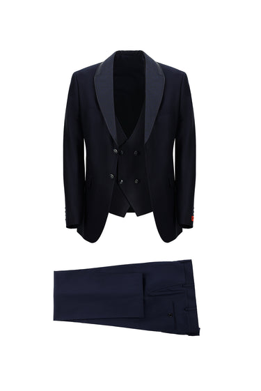Koyu Lacivert Slim Fit Dar Kesim Şal Yaka Yelekli Smokin & Damatlık