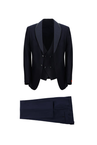 Koyu Lacivert 7 Drop Slim Fit Dar Kesim Şal Yaka Yelekli Smokin & Damatlık