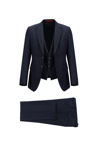 Orta Lacivert Slim Fit Dar Kesim Mono Yaka Yelekli Smokin & Damatlık