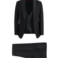 Siyah 7 Drop Slim Fit Dar Kesim Şal Yaka Yelekli Smokin & Damatlık