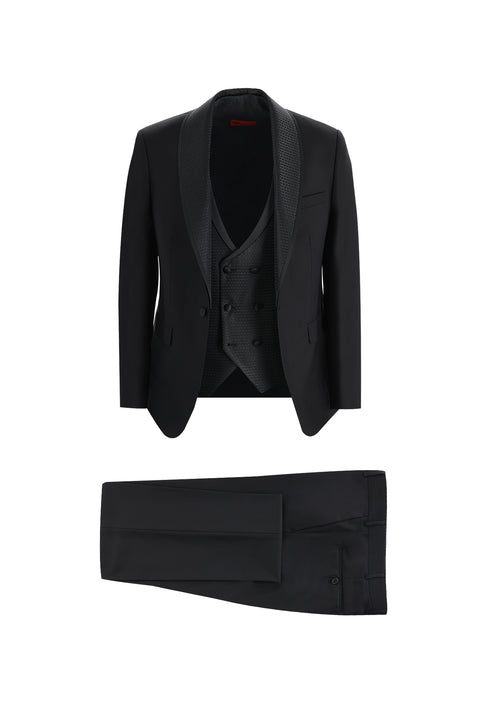 Siyah 7 Drop Slim Fit Dar Kesim Şal Yaka Yelekli Smokin & Damatlık