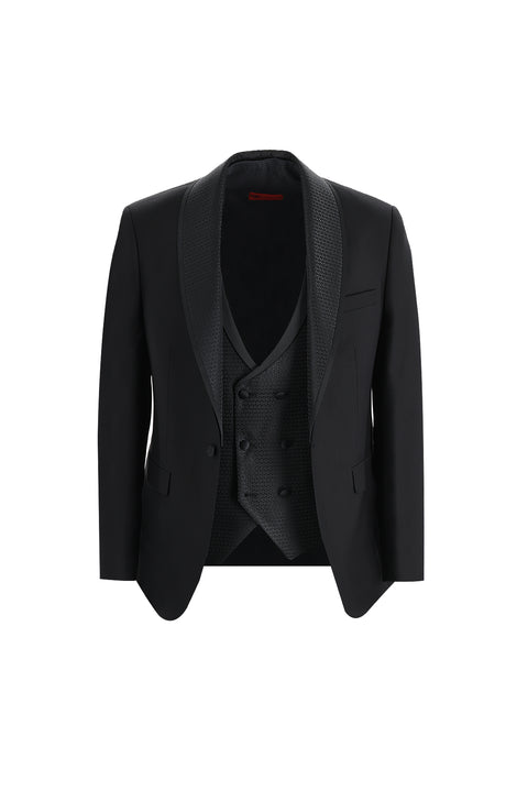 Siyah 7 Drop Slim Fit Dar Kesim Şal Yaka Yelekli Smokin & Damatlık