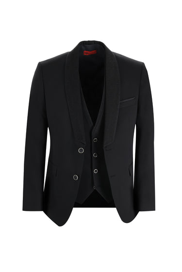 Siyah Slim Fit Dar Kesim Şal Yaka Yelekli Smokin & Damatlık