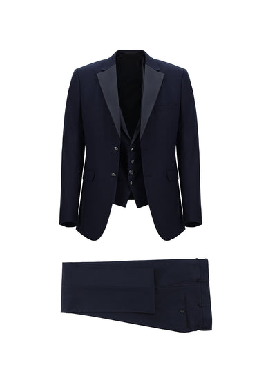 Orta Lacivert Slim Fit Dar Kesim Mono Yaka Yelekli Smokin & Damatlık