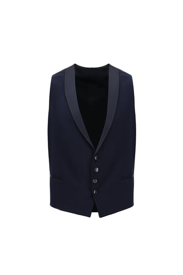 Orta Lacivert Slim Fit Dar Kesim Mono Yaka Yelekli Smokin & Damatlık