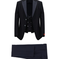 Koyu Lacivert Slim Fit Dar Kesim Şal Yaka Yelekli Smokin & Damatlık