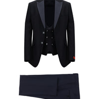 Koyu Lacivert 7 Drop Slim Fit Dar Kesim Şal Yaka Yelekli Smokin & Damatlık
