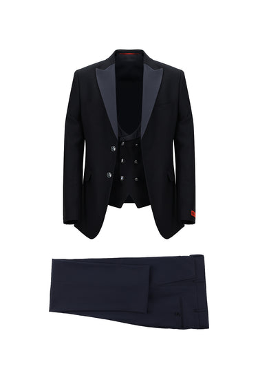 Koyu Lacivert Slim Fit Dar Kesim Şal Yaka Yelekli Smokin & Damatlık