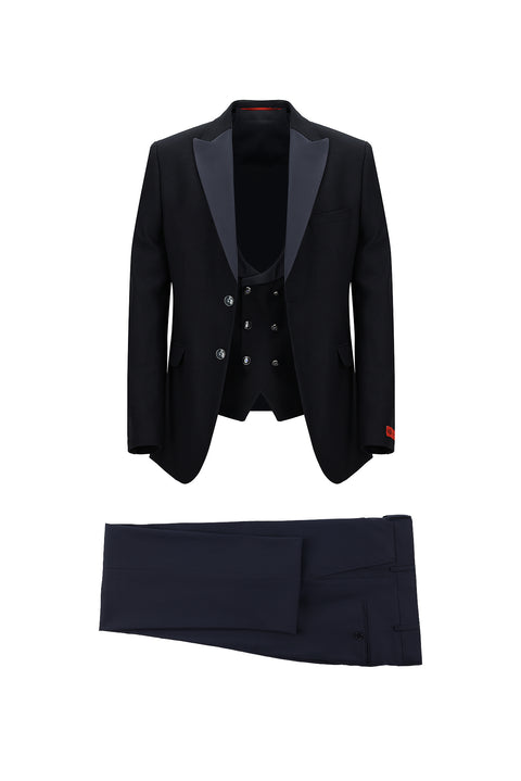 Koyu Lacivert 7 Drop Slim Fit Dar Kesim Şal Yaka Yelekli Smokin & Damatlık