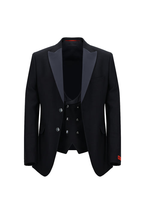 Koyu Lacivert 7 Drop Slim Fit Dar Kesim Şal Yaka Yelekli Smokin & Damatlık