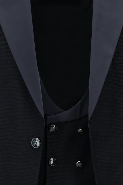 Koyu Lacivert 7 Drop Slim Fit Dar Kesim Şal Yaka Yelekli Smokin & Damatlık