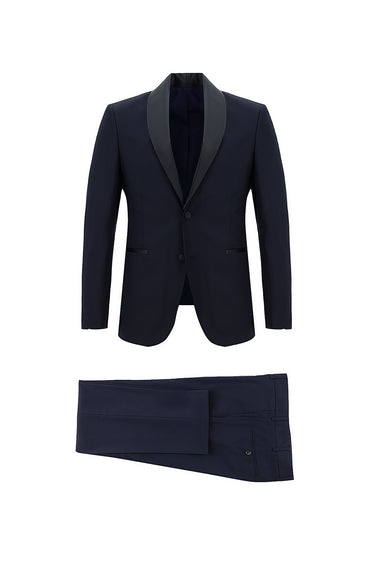 Koyu Lacivert Slim Fit Dar Kesim Şal Yaka Smokin & Damatlık