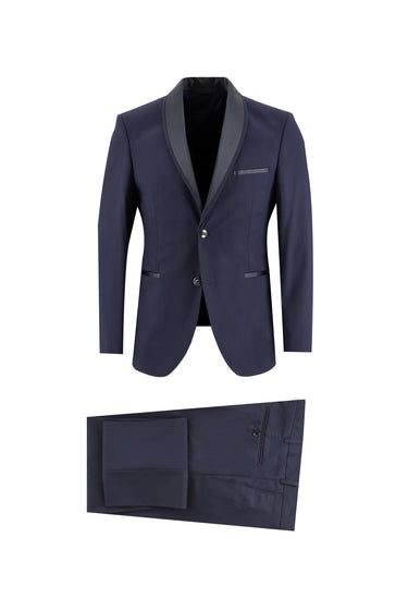 Koyu Lacivert Slim Fit Dar Kesim Şal Yaka Smokin & Damatlık