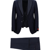 Koyu Lacivert Slim Fit Dar Kesim Şal Yaka Yelekli Smokin & Damatlık
