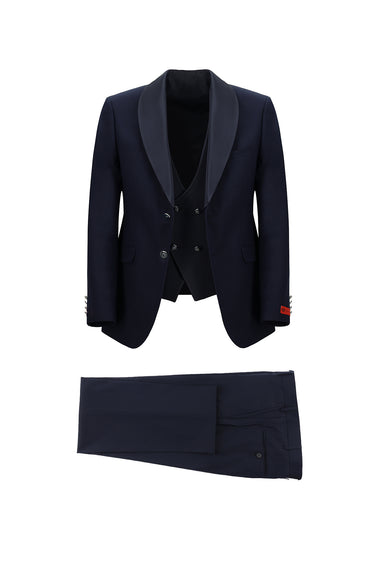 Koyu Lacivert Slim Fit Dar Kesim Şal Yaka Yelekli Smokin & Damatlık