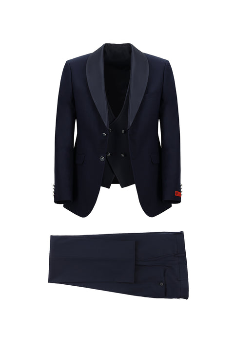 Dark Navy 7 Drop Slim Fit Narrow Cut Shawl Collar Vest Tuxedo & Groom Suit