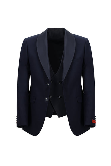 Koyu Lacivert Slim Fit Dar Kesim Şal Yaka Yelekli Smokin & Damatlık