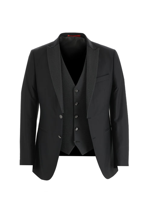 Siyah 7 Drop Slim Fit Dar Kesim Sivri Yaka Yelekli Smokin & Damatlık
