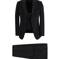 Siyah Slim Fit Dar Kesim Sivri Yaka Yelekli Smokin & Damatlık