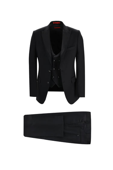 Siyah Slim Fit Dar Kesim Sivri Yaka Yelekli Smokin & Damatlık