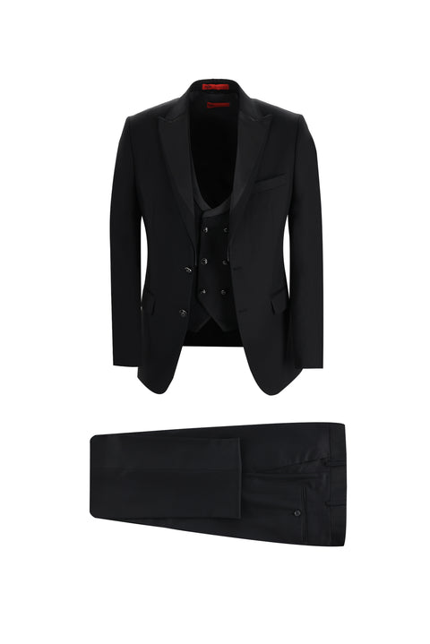 Black 7 Drop Slim Fit Narrow Cut Pointed Collar Vest Tuxedo & Groom Suit