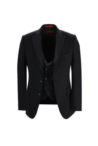 Siyah Slim Fit Dar Kesim Sivri Yaka Yelekli Smokin & Damatlık