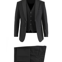 Siyah Slim Fit Dar Kesim Sivri Yaka Yelekli Smokin / Damatlık