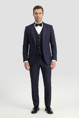 Koyu Lacivert 7 Drop Slim Fit Dar Kesim Sivri Yaka Yelekli Smokin & Damatlık