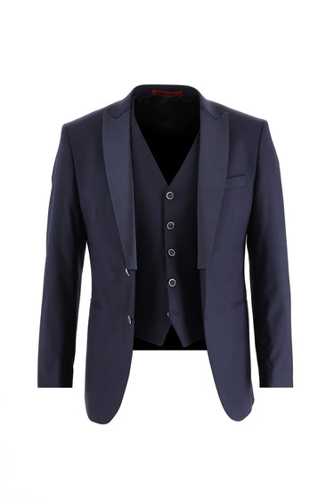 Koyu Lacivert Slim Fit Dar Kesim Sivri Yaka Yelekli Smokin & Damatlık