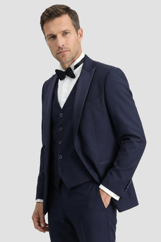 Koyu Lacivert 7 Drop Slim Fit Dar Kesim Sivri Yaka Yelekli Smokin & Damatlık
