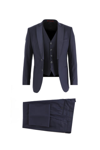 Koyu Lacivert 7 Drop Slim Fit Dar Kesim Sivri Yaka Yelekli Smokin & Damatlık