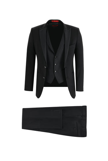 Siyah Slim Fit Dar Kesim Sivri Yaka Yelekli Smokin & Damatlık