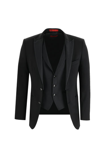 Siyah Slim Fit Dar Kesim Sivri Yaka Yelekli Smokin & Damatlık