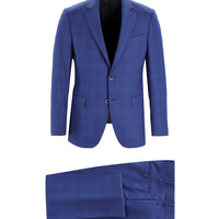 Mavi Slim Fit Dar Kesim Yünlü Ekose Takım Elbise