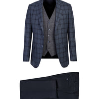 Koyu Lacivert 7 Drop Slim Fit Dar Kesim Yelekli Desenli Kombinli Takım Elbise