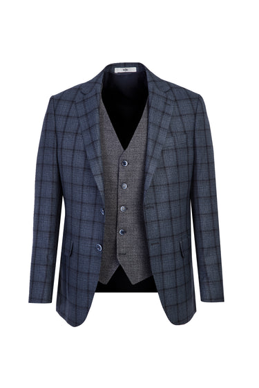 Koyu Lacivert Slim Fit Dar Kesim Yelekli Desenli Kombinli Takım Elbise