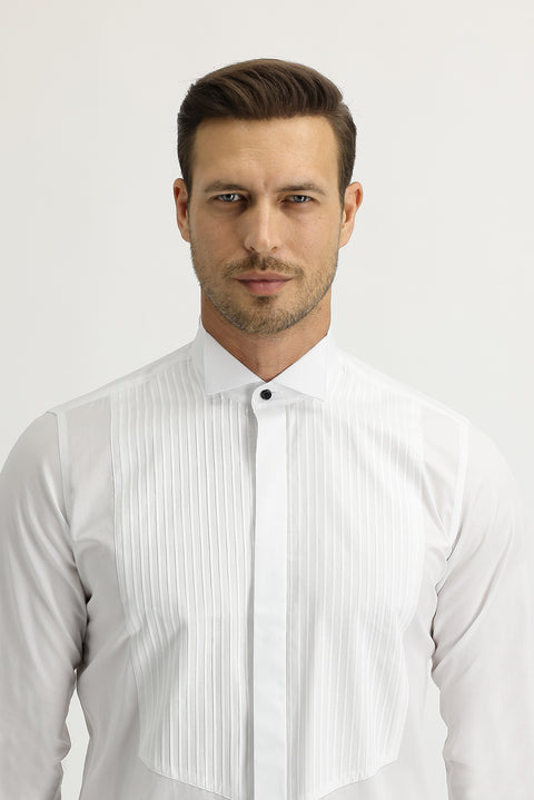 Beyaz Uzun Kol Ata Yaka Slim Fit Dar Kesim Pamuk Gömlek