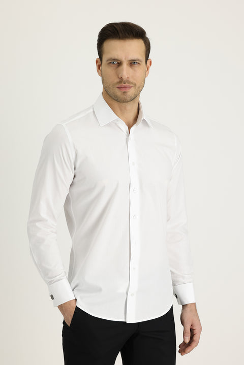Beyaz Uzun Kol Slim Fit Dar Kesim Manşetli Pamuk Gömlek