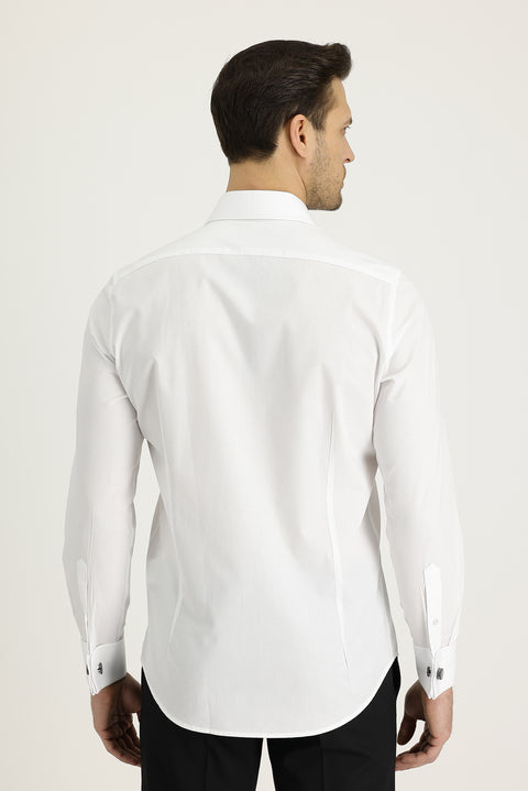 Beyaz Uzun Kol Slim Fit Dar Kesim Manşetli Pamuk Gömlek